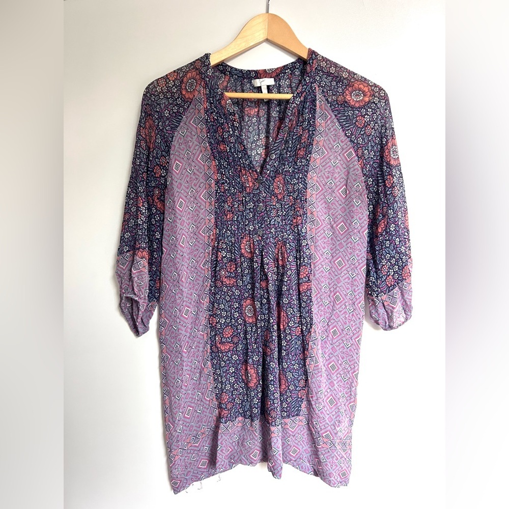 Joie silk Purple Blue Print 3/4 Sleeve Tunic Top Blouse Floral Patterned Top